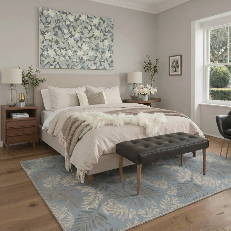 Aethel Tropical Floral Machine Washable Blue / Beige / Grey Indoor Area Rug with Non-Slip Backing, Round 5'