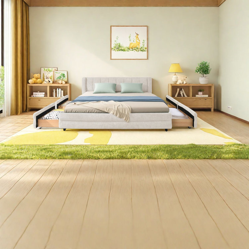 Grand lit tapissier moderne avec tiroir de rangement, structure en chenille
