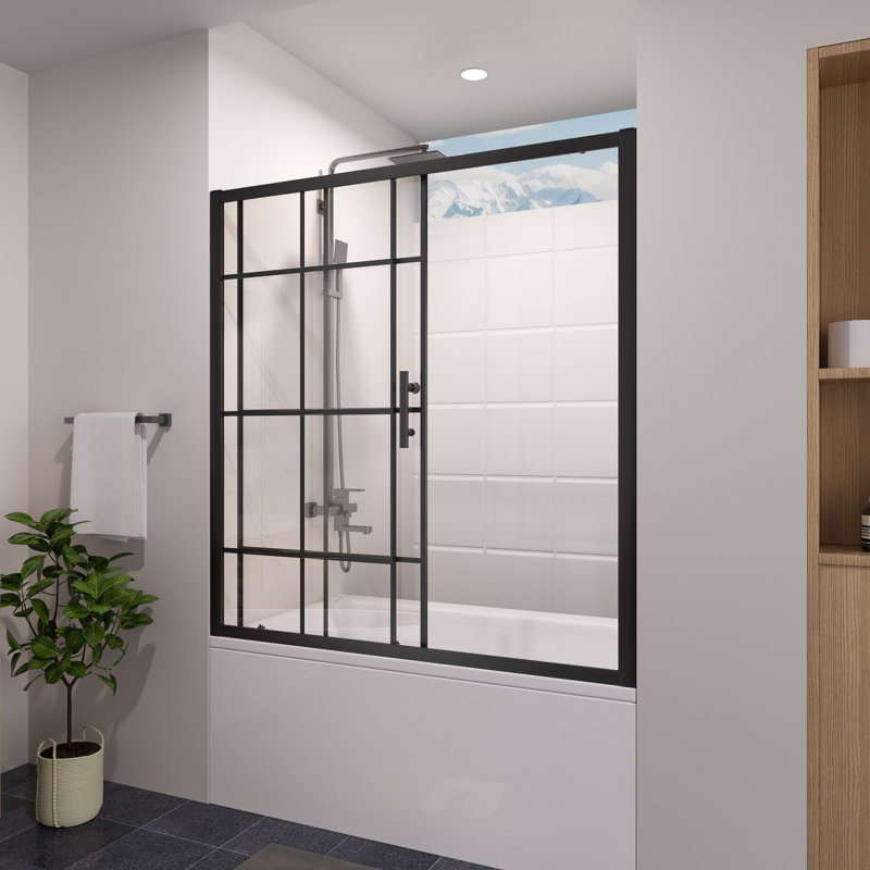 60" W X 58" H Framed Grid Pattern Single Sliding Bathtub Door