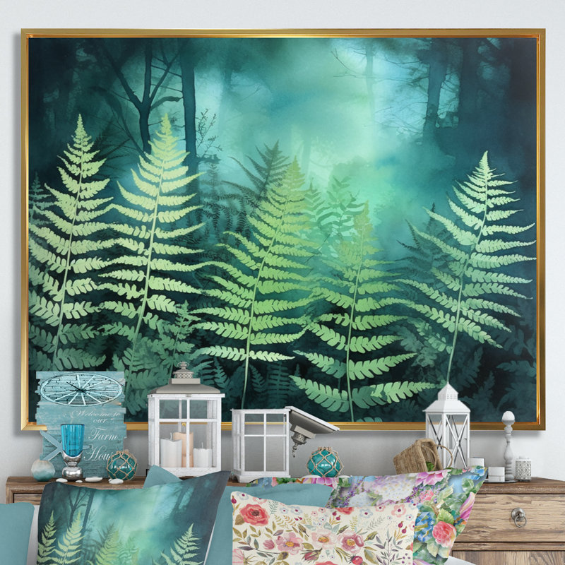 «Green Teal Fern Flowers», impression sur toile, H 24 po x l 32 po x P 1,5 po, Cadre flottant doré
