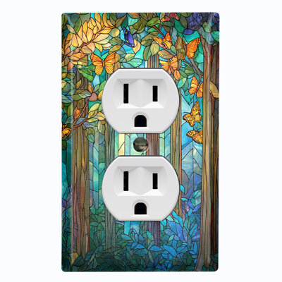 Couvercle de plaque d'interrupteur en métal; Rectangle 1 bande US standard - Image imprimée de vitrail forêt