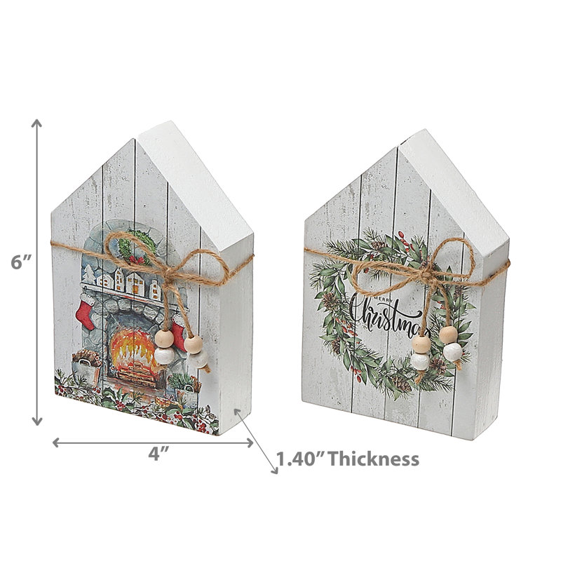Festive White Wooden House Figurines with Ribbon Set