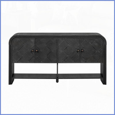 Table basse moderne en U avec lattes tissées et amp; Placage en bois massif, rangement peu encombrant pour le salon