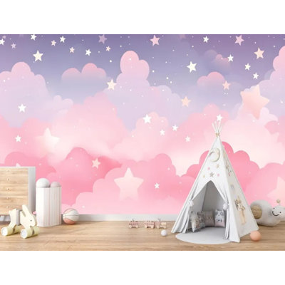 Pink Purple Starry Sky Cloud Wall Mural – Watercolor Dreamy Kids Nursery Pastel Night Panoramic Accent Wall Decor
