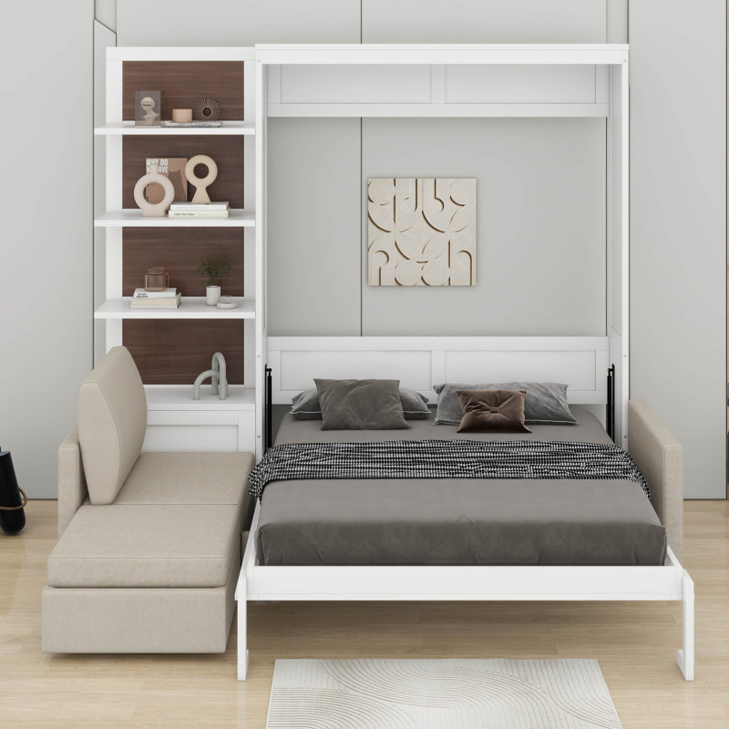 Grand lit escamotable, grand lit mural en bois avec canapé et tablettes, Blanc