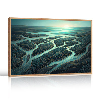 «River Delta» stylisé, art mural sur toile bleu sarcelle et or