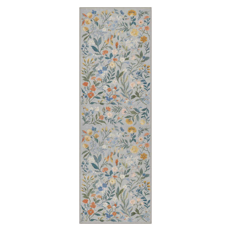 Eden Floral Blue Machine Washable Indoor Runner Rug With Non-Slip Backing, Runner 2' x 6', Gray/Blue/Orange