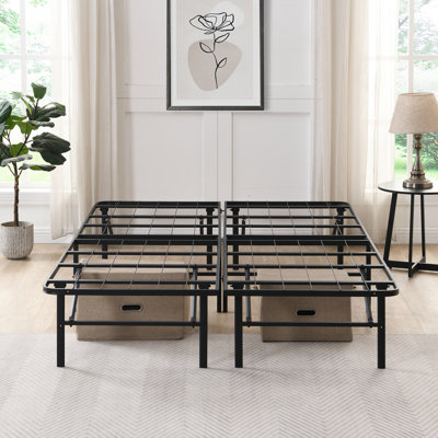 Queen Metal Platform Folding Bed Frame 14 Inch High   Queen Size Box Spring Replacement Heavy Duty Steel Slat  Easy Assembly Under-Bed Storage,Black