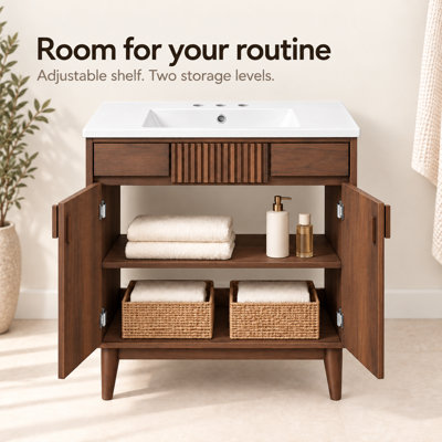 30" Mid-Century Modern Single Bathroom Vanity with Ceramic Sink, Soft-Close Doors and Solid Wood Legs