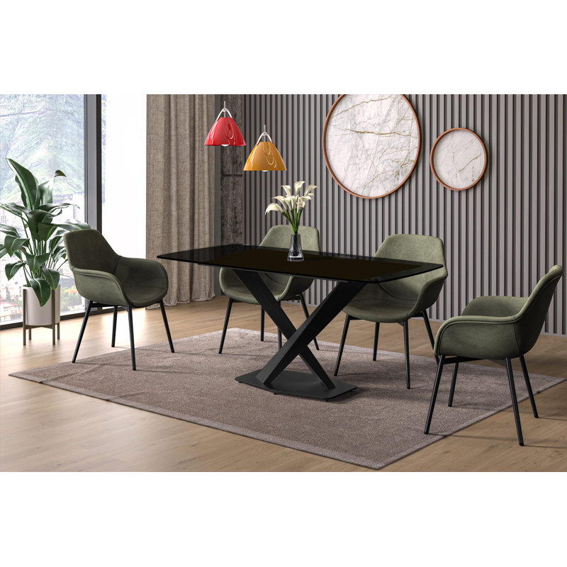 Kivah Modern Dining Table, Rectangular Sintered Stone Kitchen Table with Brushed Stainless Steel Double Pedestal Base, Contemporary Dining Room & Office Conference Furniture