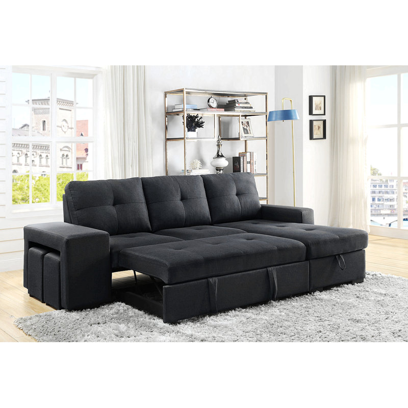 Lucas 97" Dark Grey Linen Sleeper Sectional Sofa With Reversible Storage Chaise