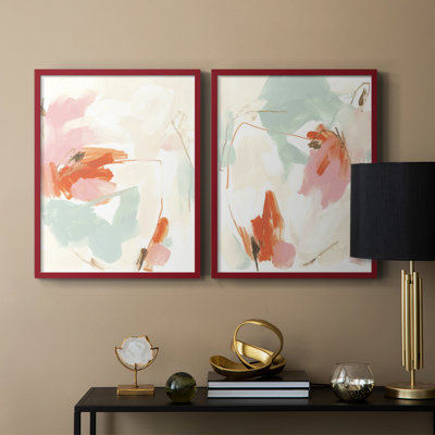 «Peach Blossom Mirage I», reproduction encadrée de qualité supérieure - prête à être accrochée - aucun clou requis - aucun clou requis