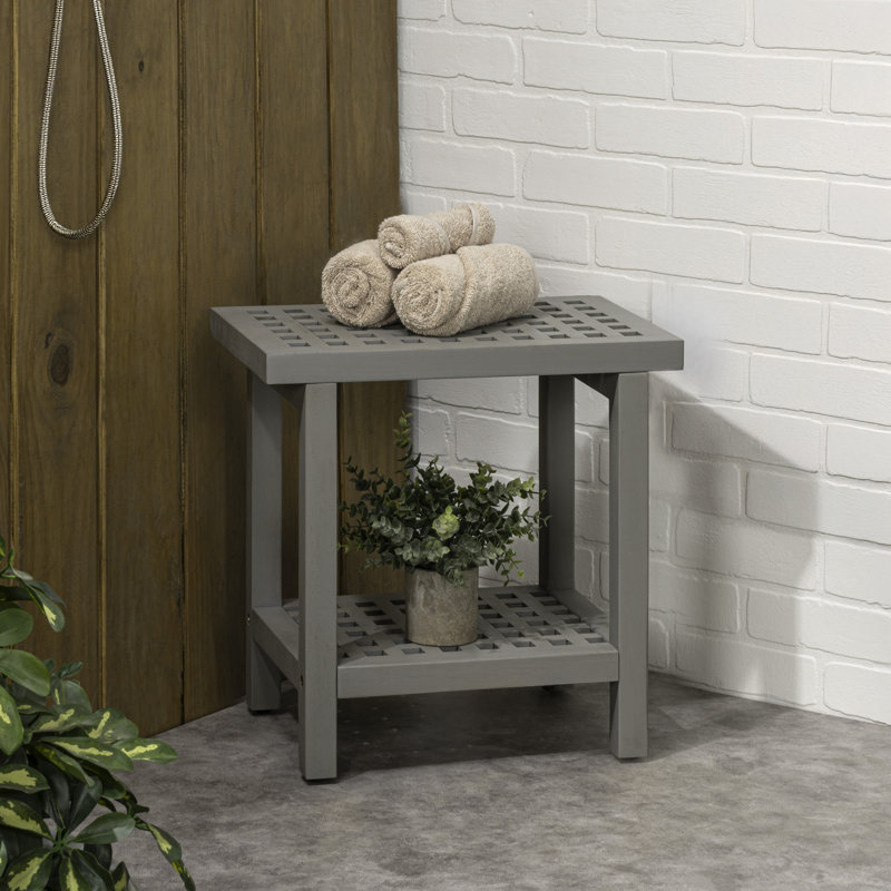 Tabouret de douche en bois d'acacia gris moderne de 18 po avec tablette de rangement et banc de spa pour salle de bain, douche et entrée Armin