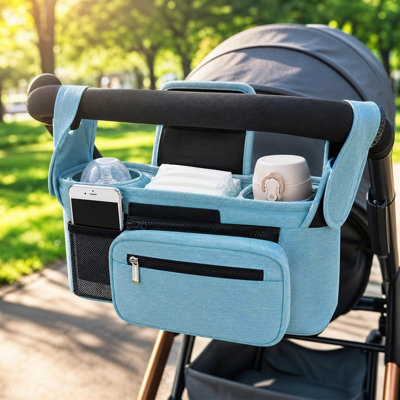 Backpack Organizer Bag With 2 Cup Holders Detachable Wrist  Shoulder Strap  Strollers - Stylish Blue  For Parents