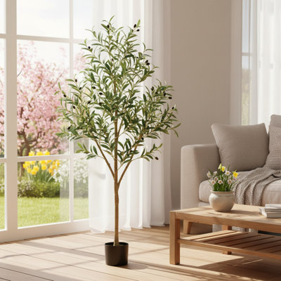 Arbre d'olivier artificiel 5 pi avec un tronc en bois naturel et un feuillage réaliste pour la décoration de coin de bureau à domicile