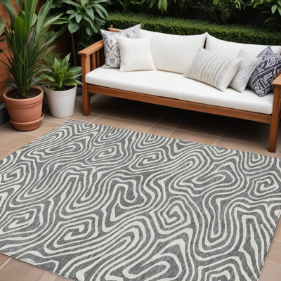9' X 12' Gray And Ivory Abstract Washable Indoor Outdoor Area Rug
