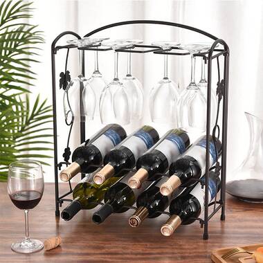 Amyna 3 Bottle Solid Wood Tabletop Wine Bottle & Glass Rack in Brown Ebern Designs