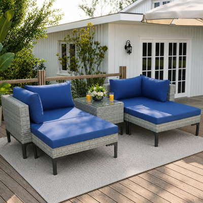  Ensemble de conversation de patio en osier 5 pièces avec structure en aluminium, canapé modulaire modulaire avec 2 canapés d'angle, 2 repose-pieds et table basse, coussins moelleux, meubles en rotin empilables pour patio, bord de piscine, jardin - gris / bleu