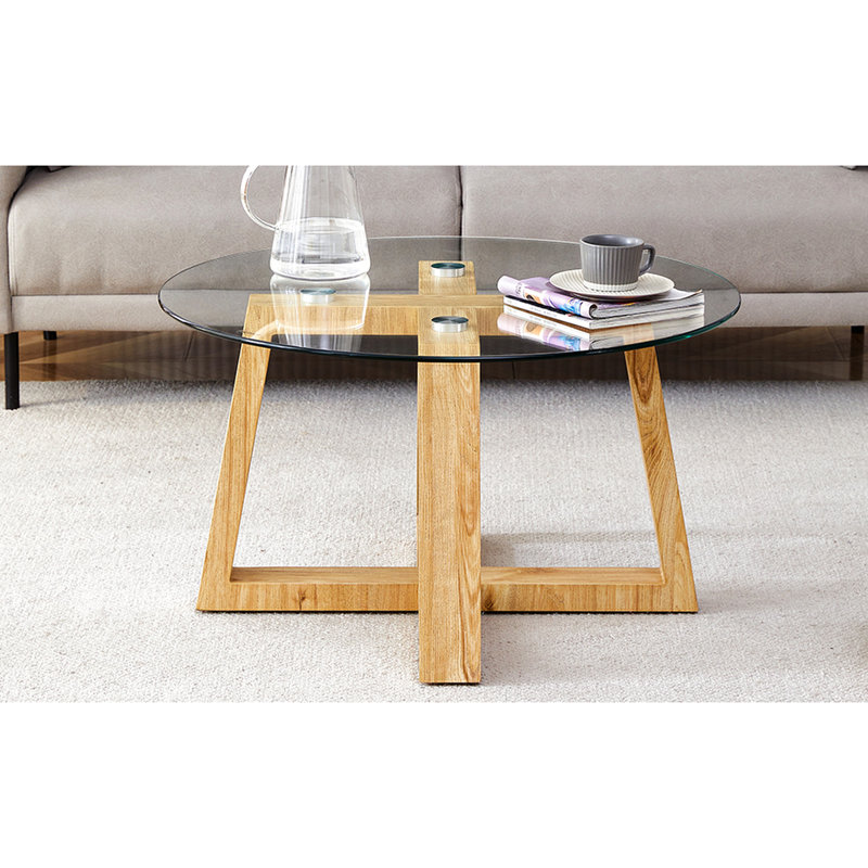 Table basse en verre transparent avec base en bois, idéale pour le salon et la chambre à coucher