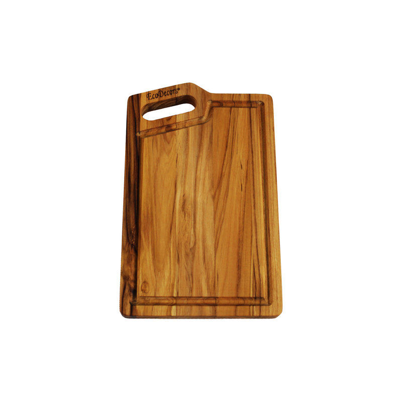 Planche à découper réversible en bois de teck EcoDecors certifiée FSC avec rainure à jus et poignée d'angle, 10 x 6