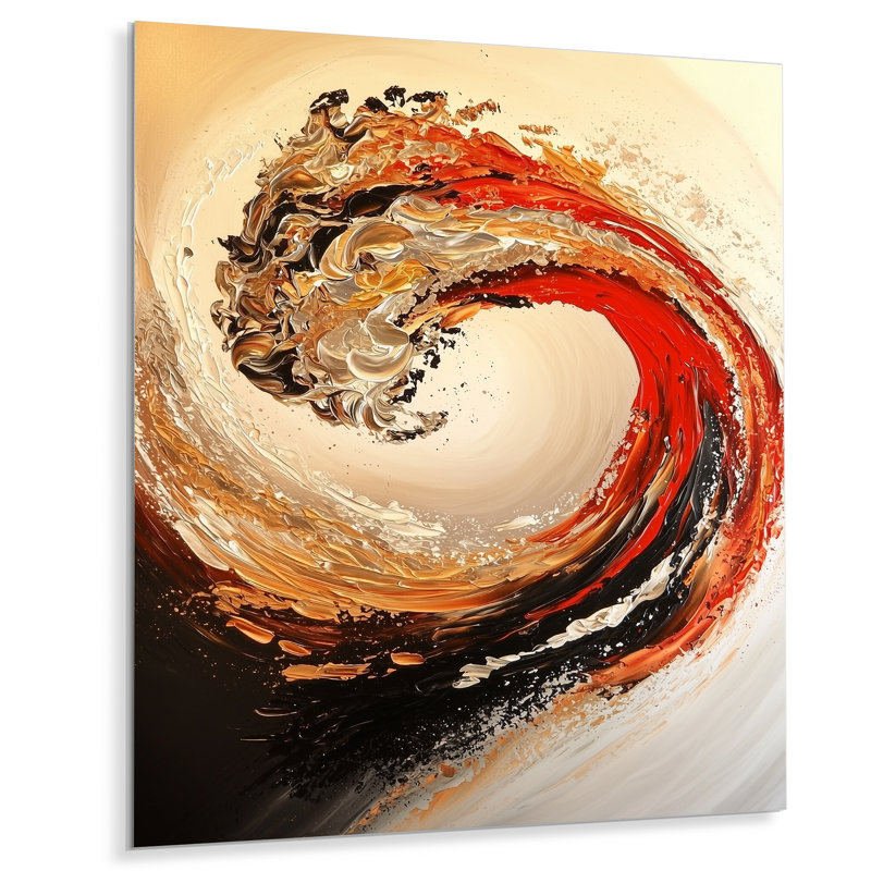 Golden and Red Coastal Waves I - décoration murale nautique en métal, impression métallique bord de mer