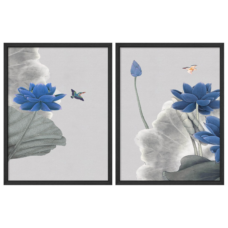 «Blue Lotus Flower», reproduction d'art moderne encadrée, affiche de salle de bain, Blanc, H 14 po x l 11 po