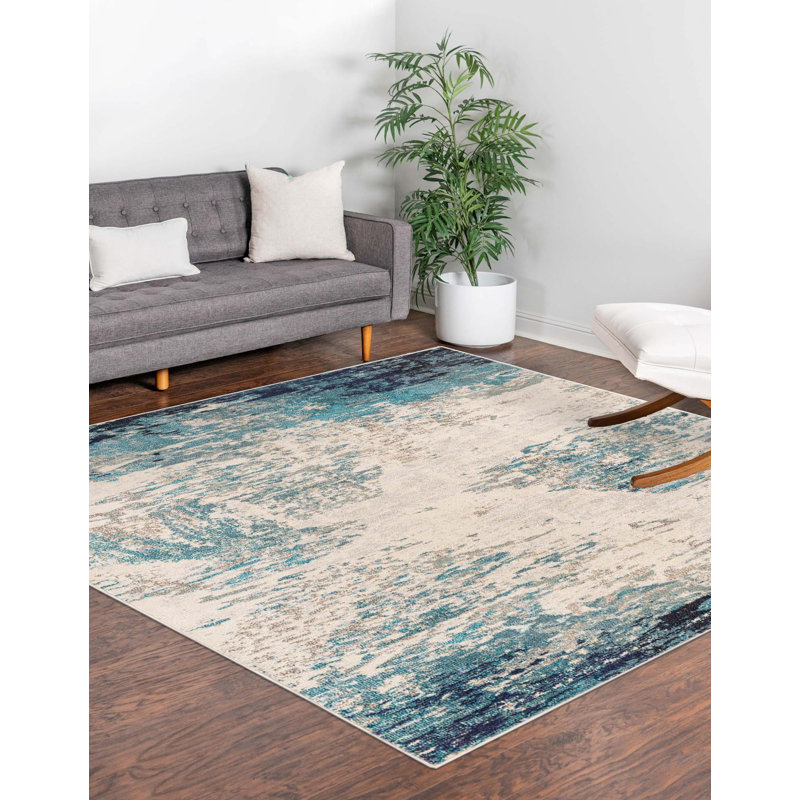 Tapis abstrait beige / bleu, Carré 9 pi 10 po