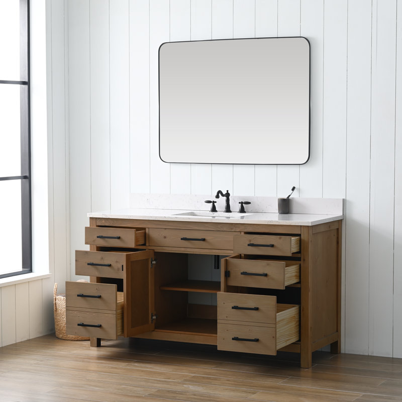Meuble-lavabo simple 60 po Ajiya, Blanc de Carrare, Naturel texturé / noir mat