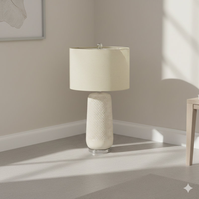 Lighting, H 31 po, lampe de table, céramique crème, abat-jour beige, contemporain