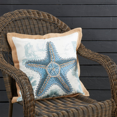 Navy Blue Nautical Sea Animals Decorative Coastal Throw Pillow 18" W X 18" L - Starfish