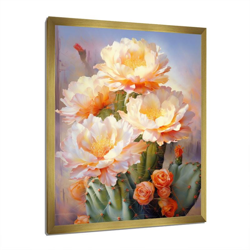 Yuna, rose, vert, cactus, impression romantique IV, H 44 po x l 34 po x P 1,5 po, Encadrement doré