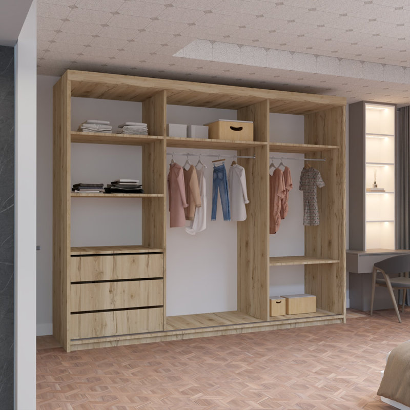 Moscow Sliding Wardrobe with Mirror Modern Bedroom Wardrobe 4 Colours 3 Sizes, 217cm H x 250cm W x 62cm D, Oak