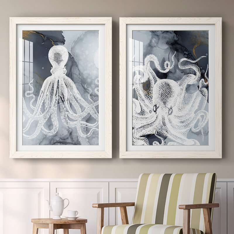 «Octopus Ink I», reproduction encadrée de qualité supérieure - prête à être accrochée, Blanc, H 27,5 po x l 75 po x P 1,5 po
