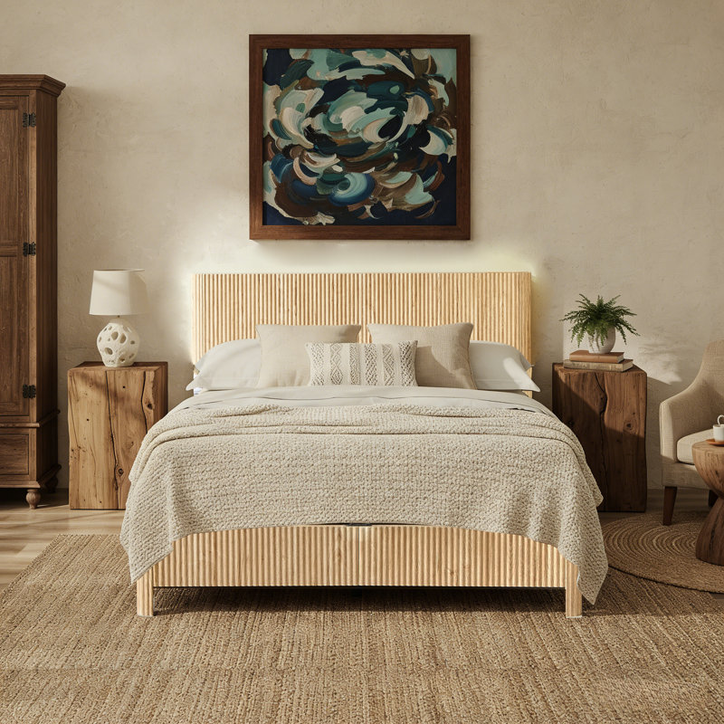 Wood Bed Frame with Headboard, Platform Bed with Metal Slats Support and Weight Capacity 1000 lbs, No Box Spring Needed, Oak, Queen