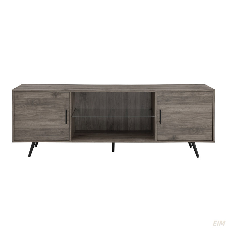 Meuble télé 70 po Mid-Century pour téléviseurs de 80 po avec tablette en verre, Gris clair