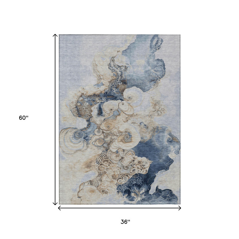 3' X 5' Denim Blue And Beige Abstract Washable Indoor Outdoor Area Rug