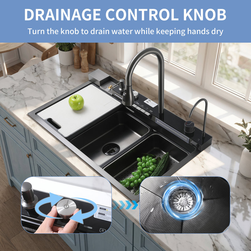 30" Honeycomb Black Stainless Steel Smart Kitchen Workstation Sink with Pull-Down Faucet & Accessories
