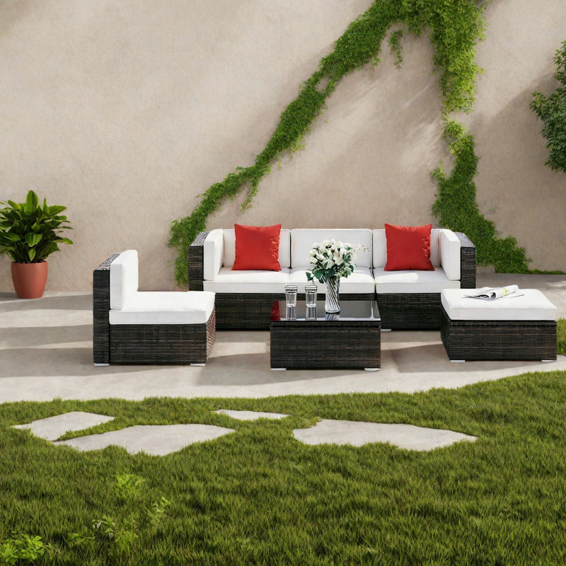 Canapés de patio en rotin durable, ensemble de canapé d'extérieur moderne de 6 pièces pour recevoir