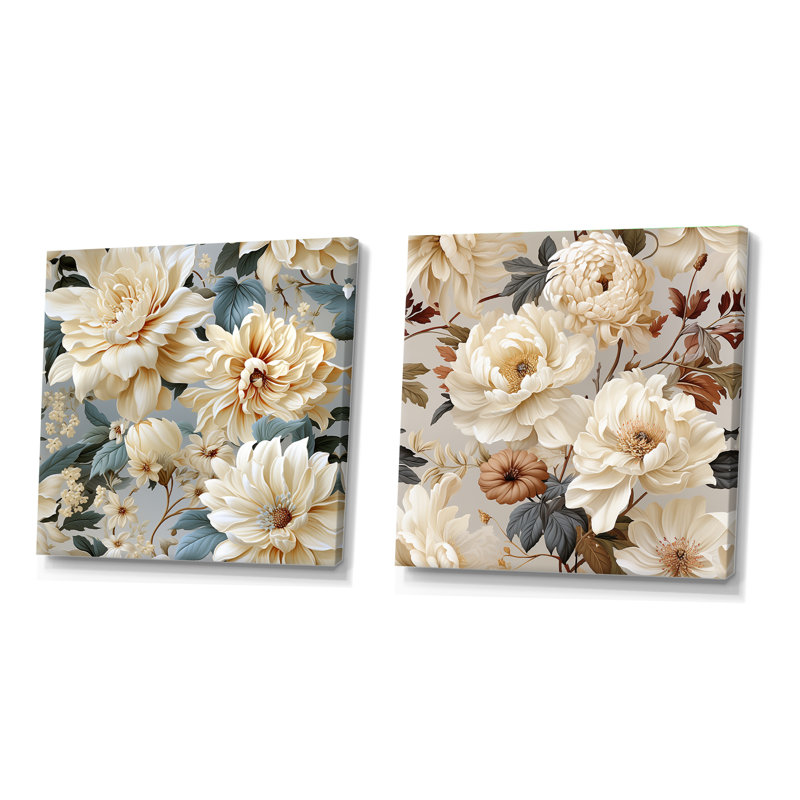Beige doux neutre pivoines élégance II - ensemble de collage carré floral de 2, Toile tendue, H 36 po x l 73 po