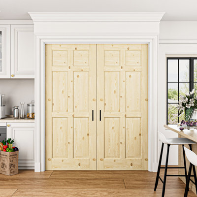 Porte intérieure à 6 panneaux en pin massif naturel de style colonial, double porte-fenêtre française, cadre et quincaillerie noir mat inclus (loquets à bille, charnières et poignées), préfinie et imperméable, idéale pour garde-manger, chambre, salle de bain et placard, teinture facile à appliquer soi-même, 122 cm x 203 cm