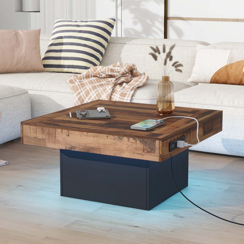Coffee Table with Charging Station and LED Light, Black