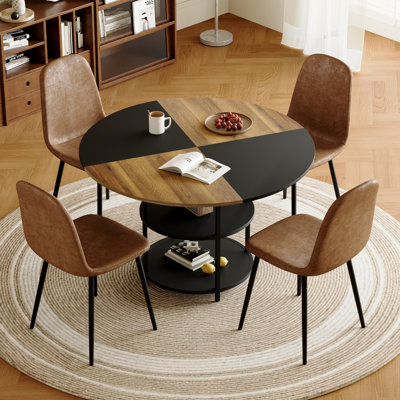 Ensemble de salle à manger rond moderne 5 pièces en bois d'ingénierie et métal, noir et brun, avec tablette de rangement (dimensions : 120 x 120 x 75 cm).