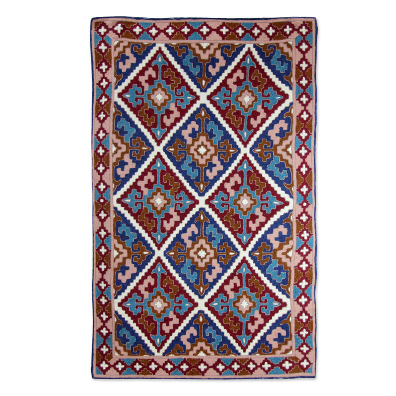 Tapis brun / bleu en laine tissé à la main Fleshia Diamond Sky