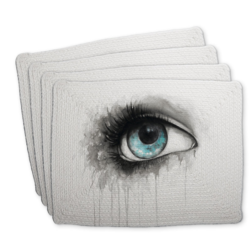 Ensemble de 4 napperons en polyester tressé - décor aquarelle œil bleu