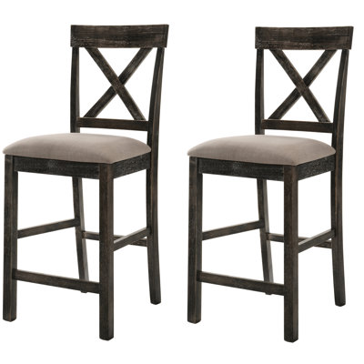 Tabouret à hauteur de comptoir de 2, siège recouvert de lin brun clair, support à dossier croisé, pieds carrés en bois, 2 sièges au fini gris patiné, lin, caractéristique, pour la cuisine