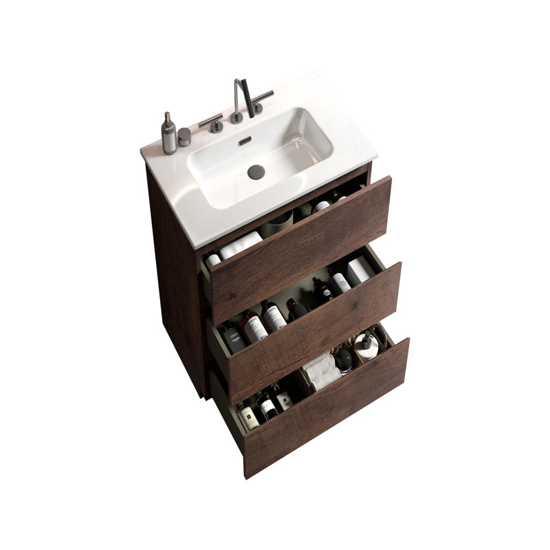 Meuble-lavabo de salle de bain avec lavabo, Noyer, 24"