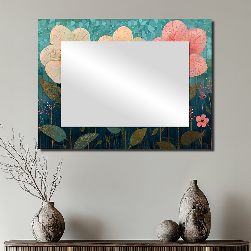 Aqua Morning Dew Of Seasonal Flowers  - Floral Mirror Wall Art - Printed On Metal, 24" x 32"