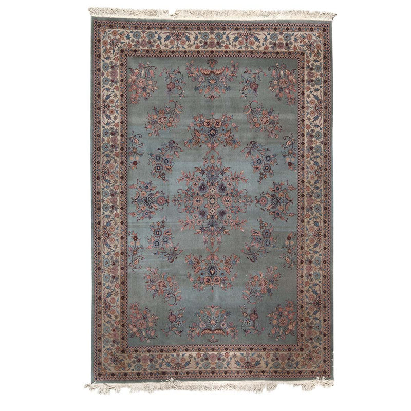 Tapis bleu / gris / rose noué à la main de haute qualité
