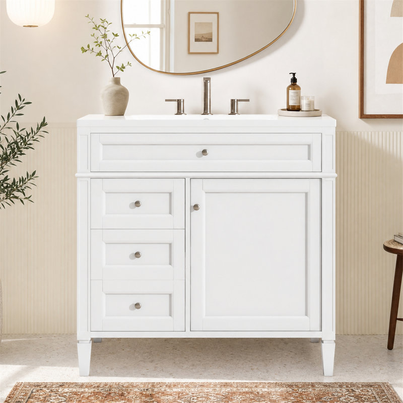 Meuble-lavabo simple de 91 cm (36 po) avec comptoir et rangement multifonctionnel, blanc, White