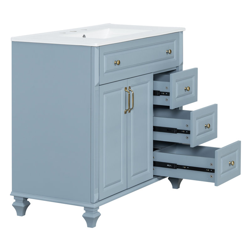 Meuble-lavabo de salle de bain 36 po en bois massif gris-bleu avec lavabo, tiroir rabattable, 3 tiroirs et 2 portes, poignées élégantes en métal doré